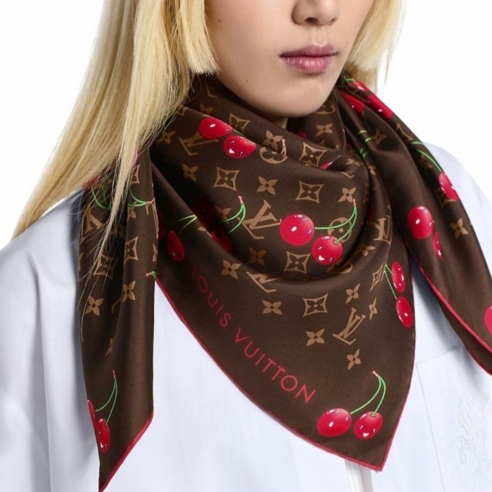 Louis Vuitton Brown Monogram Cherry Silk Scarf with Red Accents